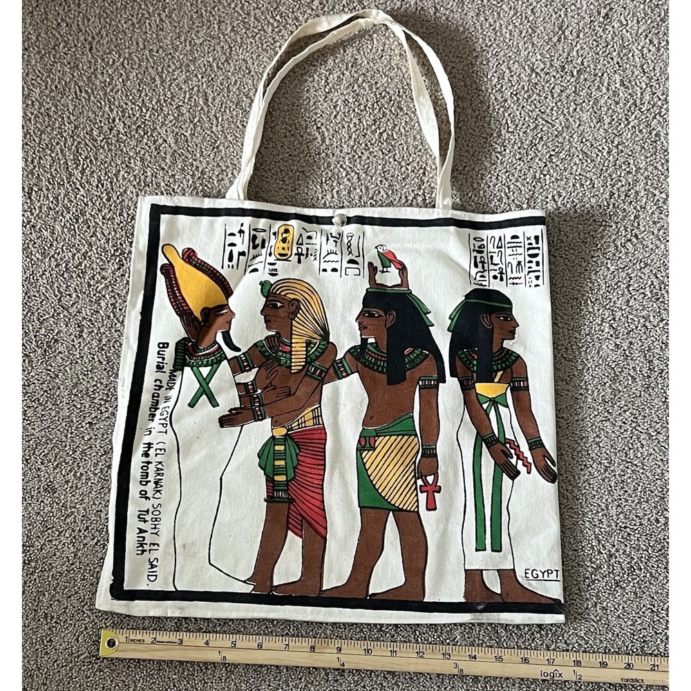 Egyptian Canvas Tote Bag King Tut Pharaoh Hieroglyphics Egypt Souvenir Purse Art